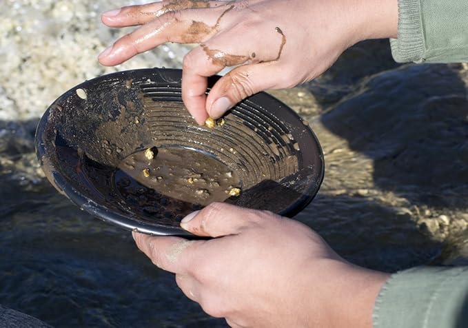 SE 8 Inch Gold Panning Pan - Dual Riffles for Easier Mining and Prospecting, Black