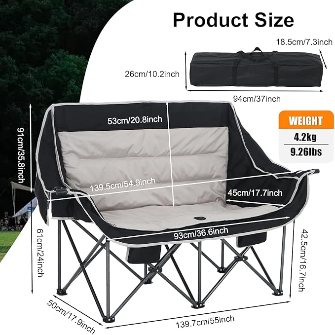 CDEN Heated Camping Chair with Battery, Padded Chair, Oversized Camping Loveseat, Double Camping Chairs, with Cup Holder, Cooler Bag, Wine Holder, Dual Power Banks Included(Black & Gray)