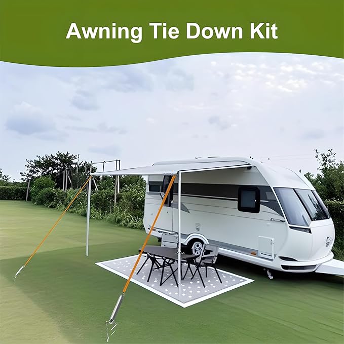 RV Awning Tie Down Kit, Campers Awning Anchors Accessories, Wind Protection RV Awning Anchor Kit, Includes Ratchet Strap, Buffer Tension Spring and Storage Bag for Most Campers Outdoor Camping