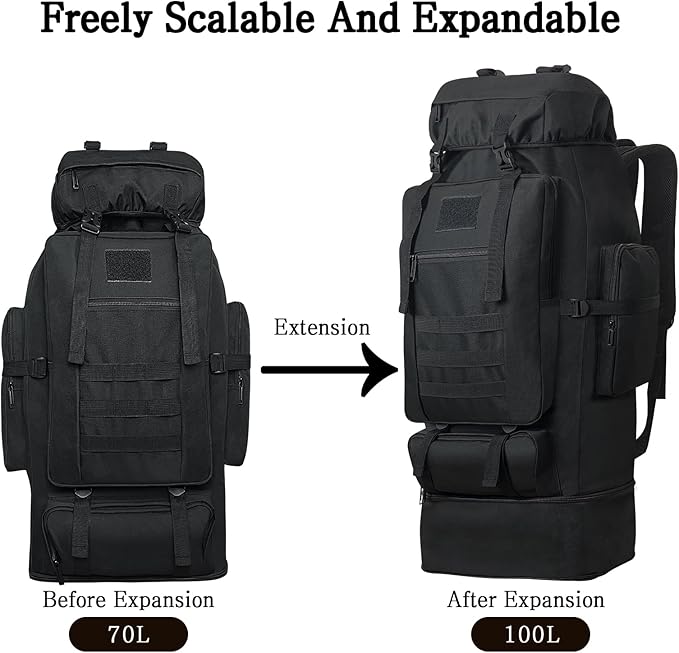 100L Camping Hiking Backpack, Military Tactical Backpack Molle Rucksack, Extra Large Hiking Daypack, Water Resistant Hiking Bag, Outdoor Sports Backpack, Adjustable Sport Bag (Black)