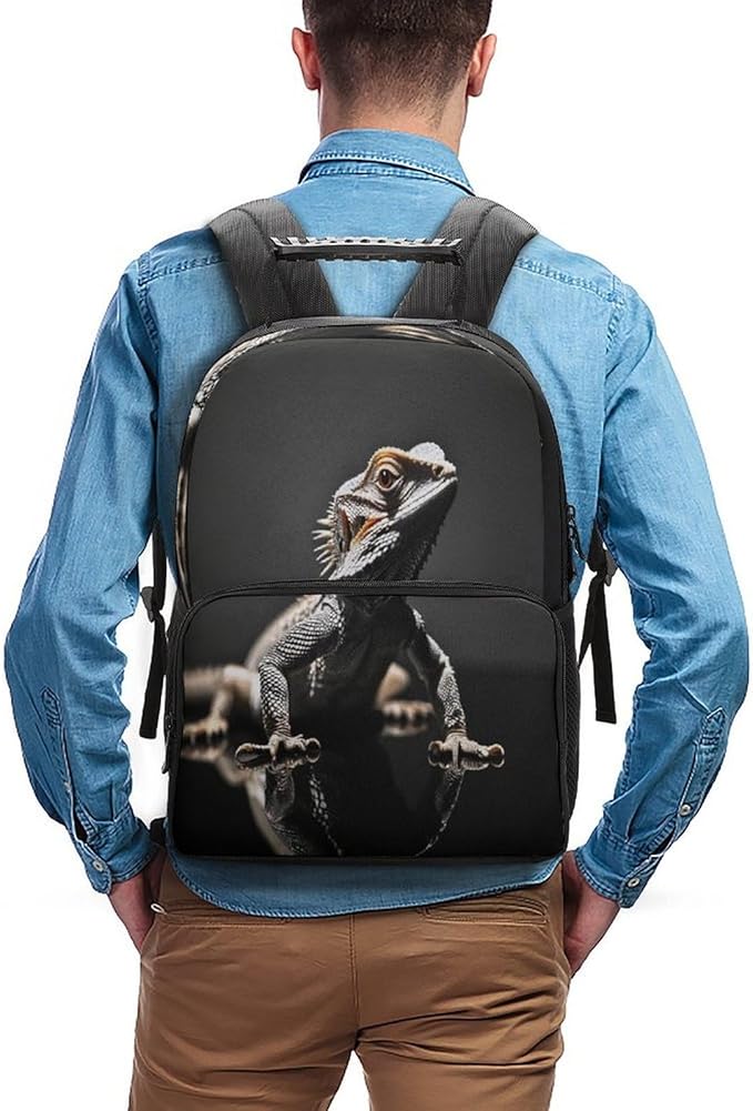 Men Women Lightweight Cool Bearded Dragon Lizards Animal Black Daypack Bookbag Big Capacity Carry On Bag With Side Pockets for Camping Travel Bicycle