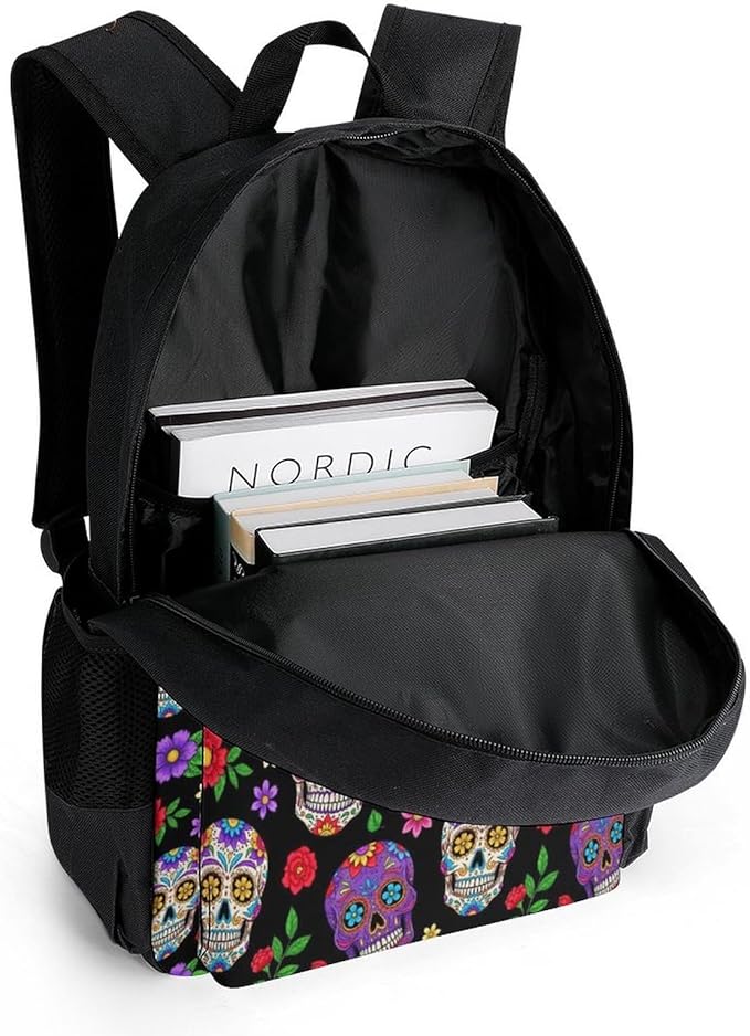 Men Women Polyester Purple Mexican Sugar Skulls Day Of The Dead Floral Flowers Art Daypack Backpack Large Capacity Carry On Bag With Smooth Zippers for Hiking Picnic Walking Cycling