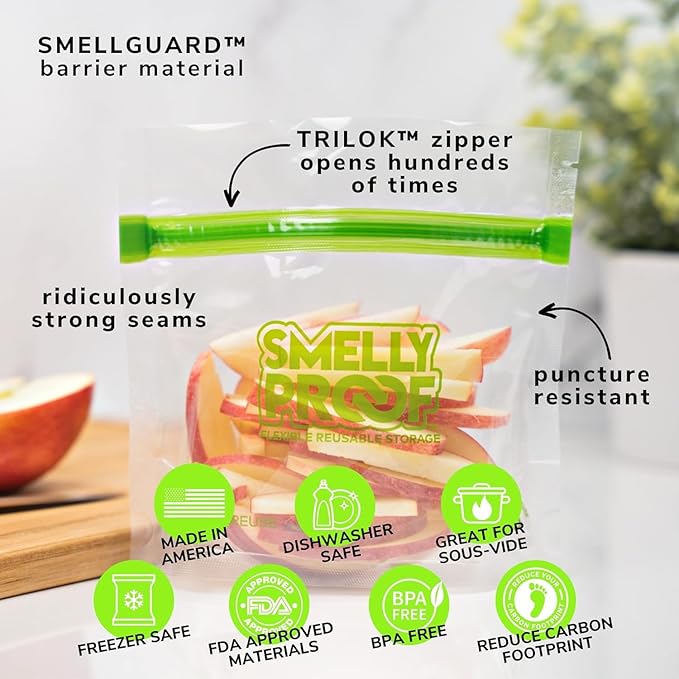 Smelly Proof 50 x Reusable Food Storage Bags, Reusable Snack Bags, Stand-Up Expandable “Stand & Fill”, Dishwasher-Safe, Clear 3-Mil 6” x 4”, US Made, BPA FREE, NO PEVA, 50-pk
