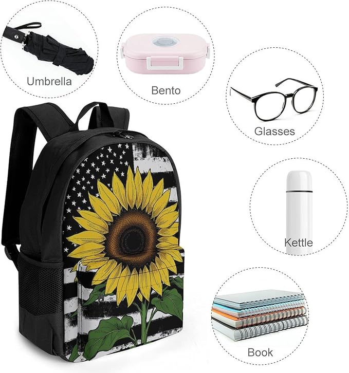 Supdreamc Men Women Polyester American Thin Black Line Flag Sunflower Art Backpack Large Capacity Bookbag With Smooth Zippers for Climbing Picnic Bicycle