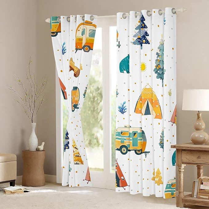 Feelyou RV Camping Camper Curtains for Bedroom Living Room Adventure Camper Blackout Darkening Drapes Happy Camping Window Treatments, 2 Panels 42 x 63 Inch Room Decor