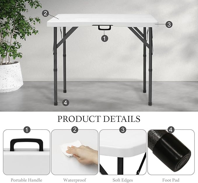 AJP Distributors 3 Foot Portable Plastic Square Folding Card Table 3FT 34" Half Foldable Heavy Duty Top w/Carry Handle - Indoor Outdoor Camping Picnic Party Wedding Dining Office Event Meeting White