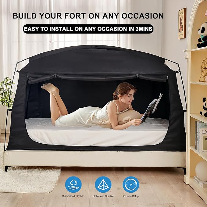 Privacy Sleep Indoor Bed Tent for Adults Kids, Portable Blackout 90% Canopy Tents with 3 Doors Breathable Mesh Windows