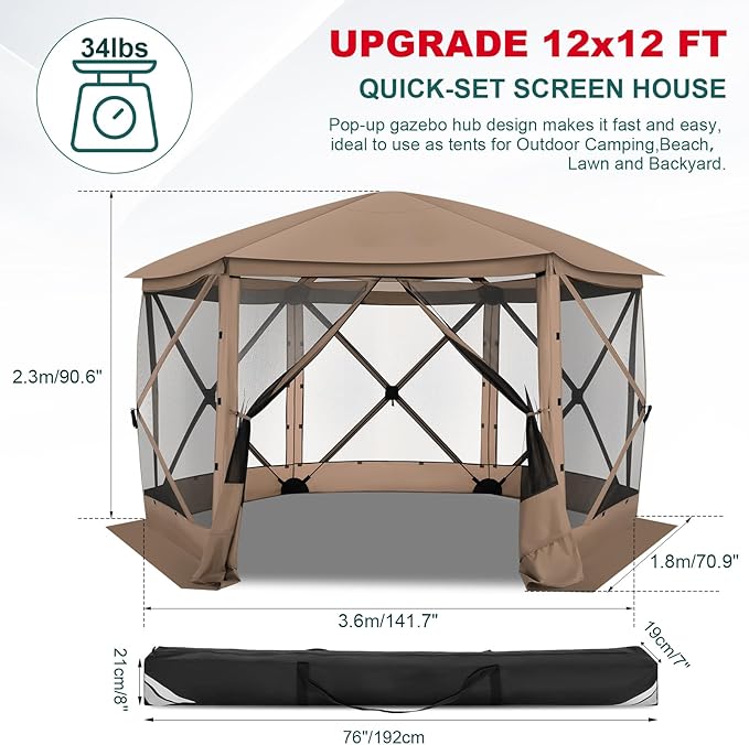 COBIZI 12x12 FT Pop Up Canopy Stargazing Tent, Gazebos On Clearance with Removable Roof,Instant Screened in Gazebo, Screen Tents Portable carpas para Patio for Outdoor Camping,Backyard, Garden,Khaki