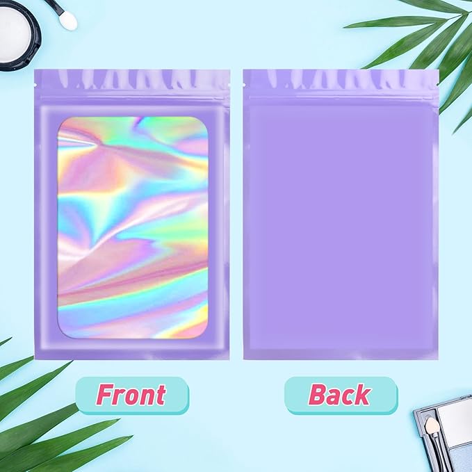 Funfery 300 Pack Smell Proof Resealable Bags for Food Storage,Holographic Bags 4x6 Purple Mylar Clear Packaging Bag- Scent Proof for Cookies, Zip Foil Pouch for Small Business