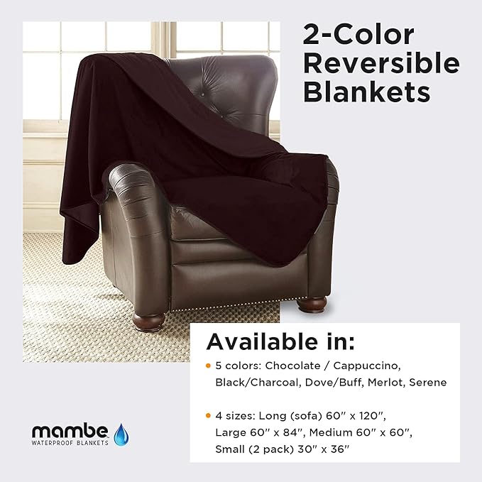 Mambe Silky Waterproof Throw for Protecting Furniture Bed Couch from Stains Caused by Dogs, Cats, Incontinence. Soft, Washable, Reversible. (Size Small 2-Pack 30x35 inches, Color Merlot)