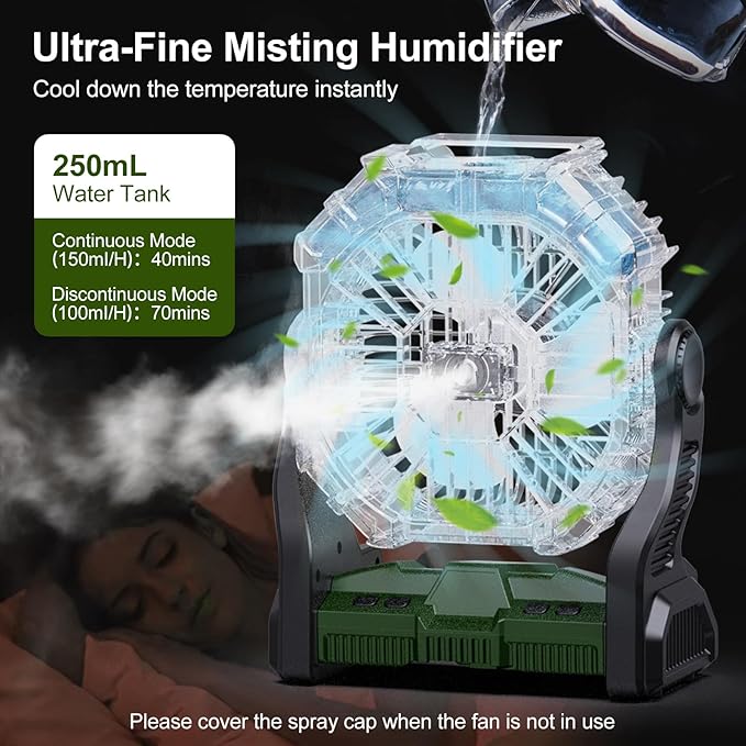 Odoland Portable Misting Fan, Camping Fan with Light & 250mL Water Tank,10000mAh Battery Operated Rechargeable Mister Tent Fans with Hook, Cooling Mist Fans for Outdoor Patios Beach RV Car Summer