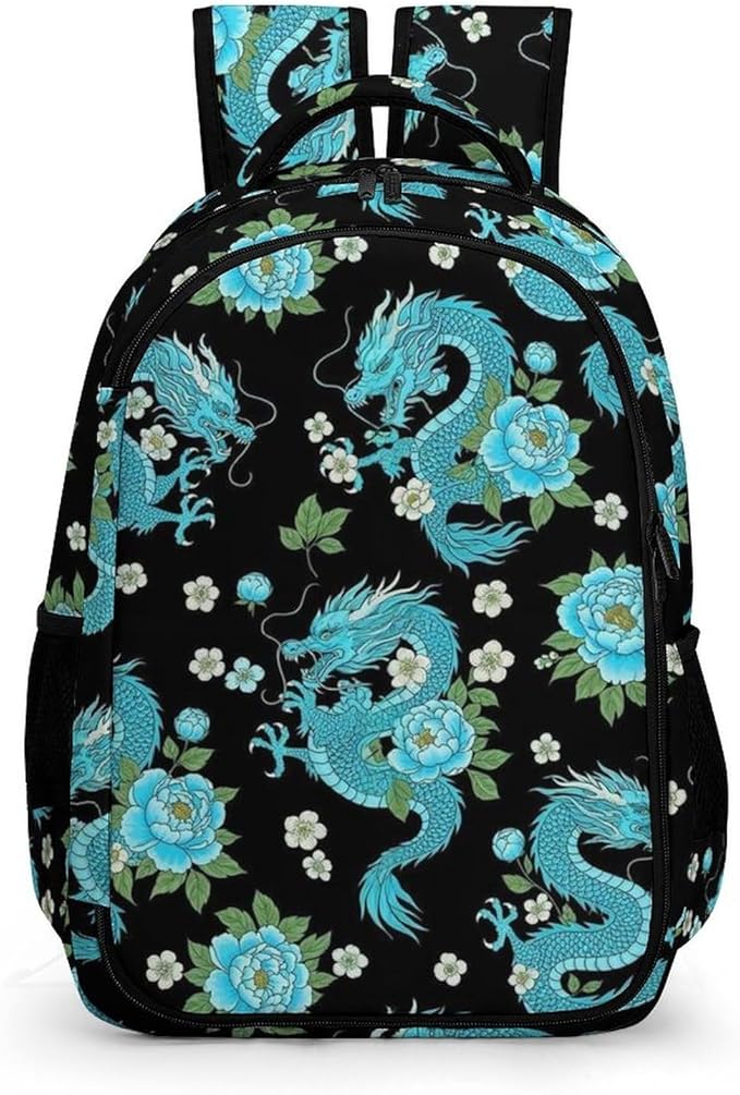 Nurse Teacher Travel Backpack Light Blue Flowers Cool Dragons Floral Purse, Cute Laptop Backpack with Tumbler Holder for Women College Work Casual Daypack