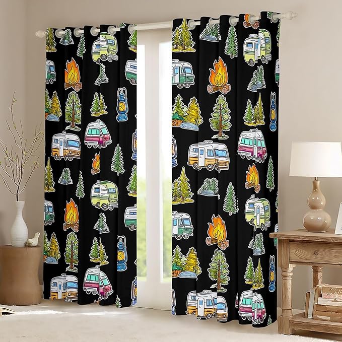 Feelyou Vintage Camper Decor Curtains for Bedroom Living Room Rustic Camping Trailer Blackout Darkening Drapes Happy Camping Theme Window Treatments, 2 Panels 52 x 96 Inch Room Decor