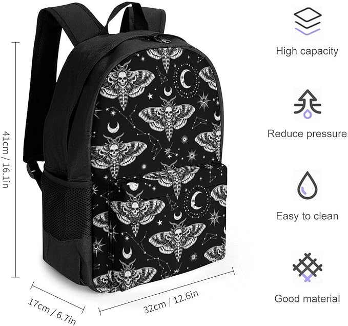 Supdreamc Adults Lightweight Gothic Moth Skull Sun Moon Black And White Shoulder Book Bags Big Capacity Shoulder Bag With Adjustable Shoulder Straps for Trekking Work Walking Cycling