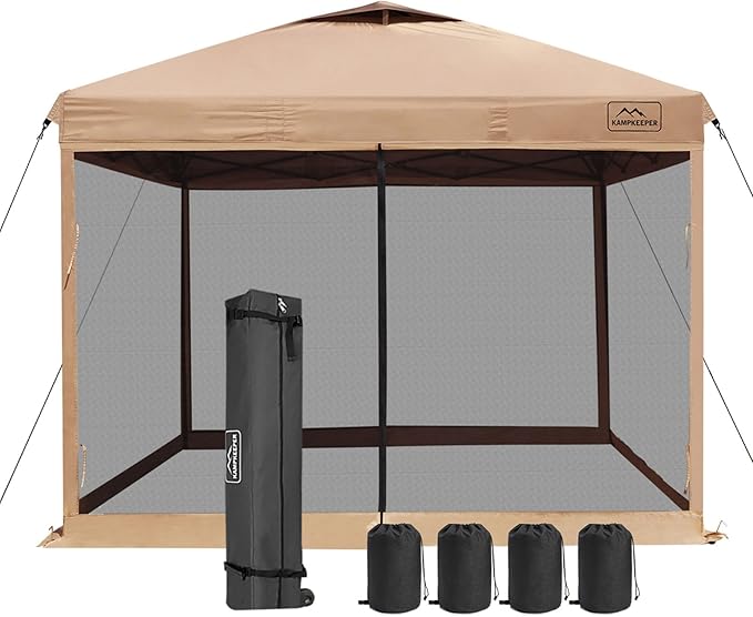 KAMPKEEPER 10x10 Pop-Up Canopy Tent, Waterproof Portable Shade with Screen Walls, Adjustable Instant Outdoor Shelter for Camping, Backyard, and Events, Khaki