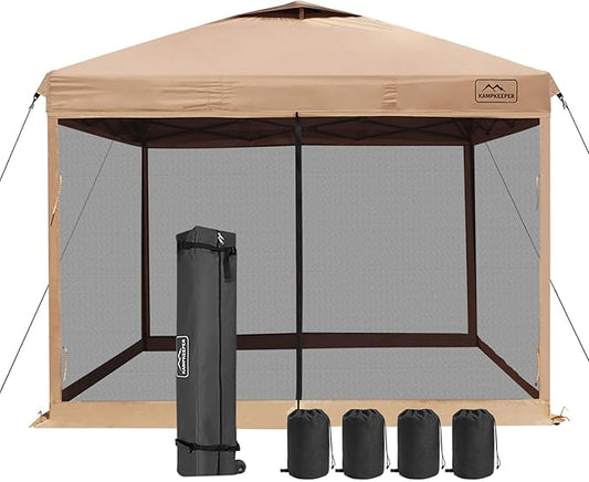 KAMPKEEPER 10x10 Pop-Up Canopy Tent, Waterproof Portable Shade with Screen Walls, Adjustable Instant Outdoor Shelter for Camping, Backyard, and Events, Khaki