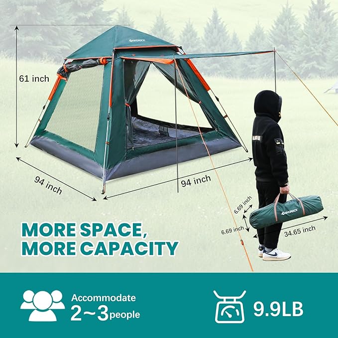 KINGROCK Blockout Camping Tent, Instant Easy pop up Camping Tent,Automatic Waterproof Family Tents for Camping 4 Person, Easy Set Up Tents,Portable Windproof Dome Tent for Camping
