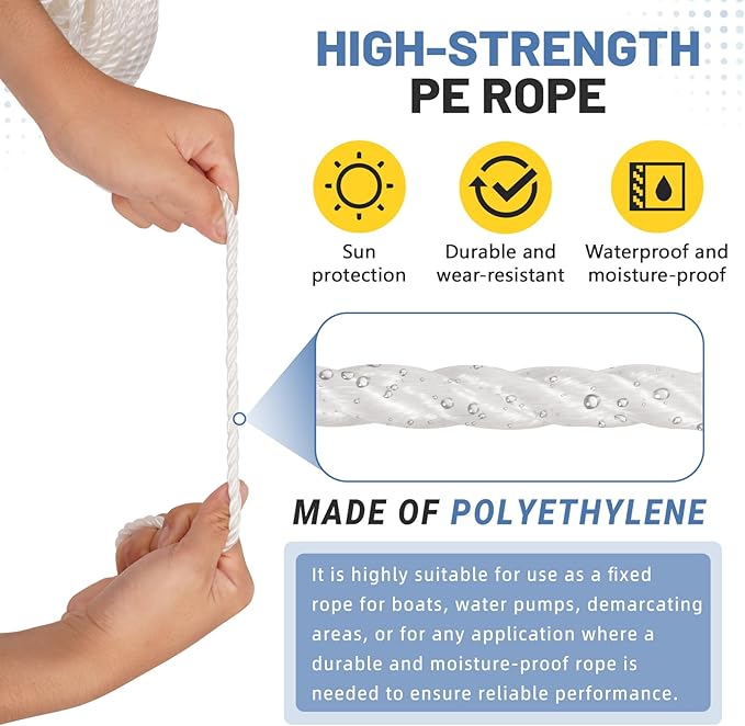 Pond Fountain Aerator Fixing Anchor Accessories, Includes 2×0.2in by 164ft Twisted Polyethylene (PE) Rope with 2×Metal Ground Stakes - Perfect for Outdoor, Camping, Landscaping, and Shipping