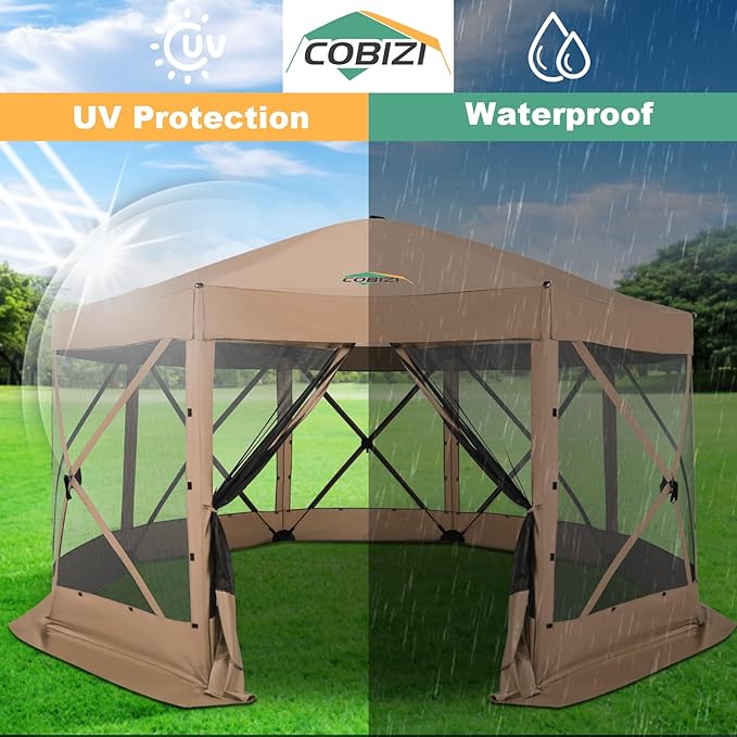 COBIZI 15x15 FT Pop Up Gazebo - Canopy Tent, Large Gazebos On Clearance with Sidewalls, Screened in Gazebo,carpas para Patio,Portable Screen Tents for 12-15 Persons Outdoor Camping, Backyard,Khaki