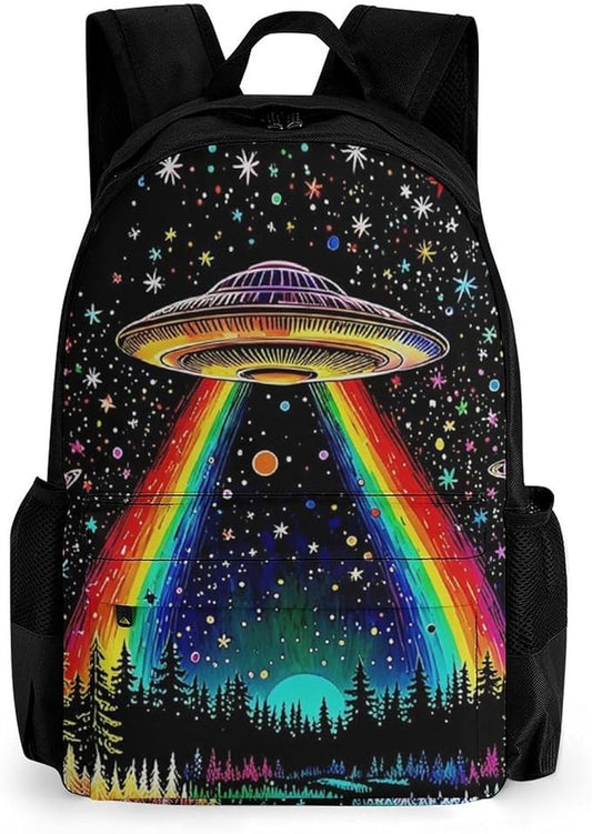 Supdreamc Men Women Polyester Trippy Space Ufo Boat Art Daypack Backpack Large Capacity Carry On Bag With Smooth Zippers for Hiking Picnic Walking Cycling