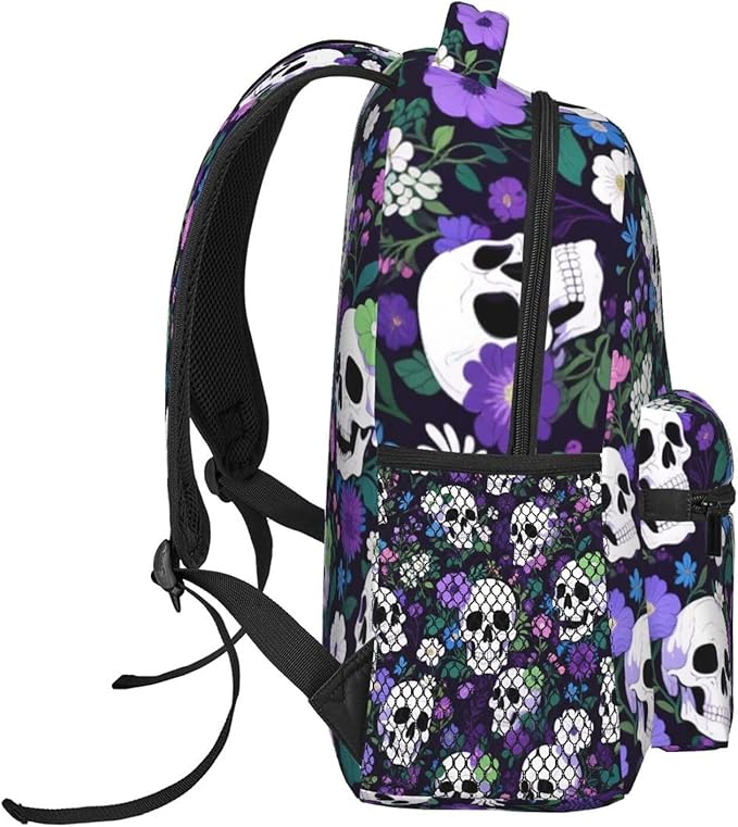 Rucksack Anti-Theft Multipurpose Large Capacity Carry On Bag, Flower Skull Purple Travel Hiking Bag Day Pack With Side Pockets
