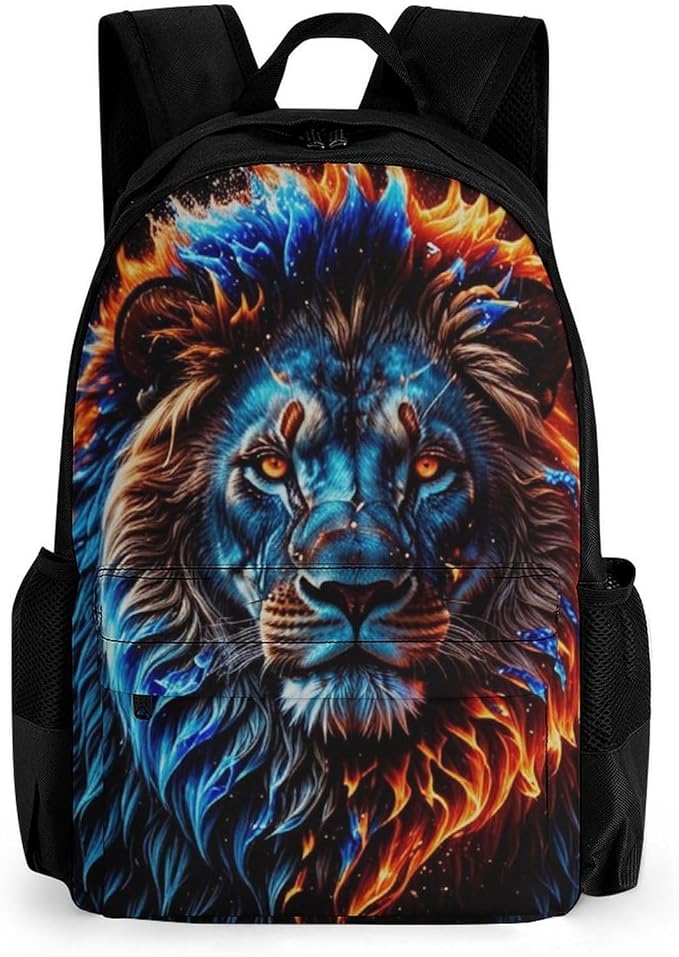 Men Women Polyester Cool Lion Fire Surreal Style Art Daypack Big Capacity Shoulder Bag With Smooth Zippers for Hiking Work Walking Cycling