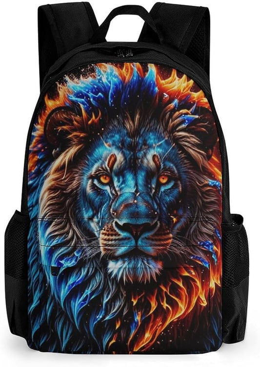 Men Women Polyester Cool Lion Fire Surreal Style Art Daypack Big Capacity Shoulder Bag With Smooth Zippers for Hiking Work Walking Cycling