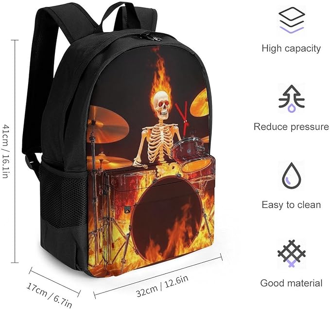 Lightweight Daypack Backpack for Trekking Work Running, Big Capacity Multipurpose Anti-Theft Bookbag, Rock Drum Fire Flame Skull Skeleton Business Computer Bag
