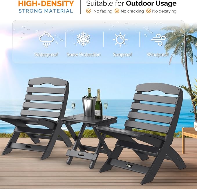 VINGLI Small Folding HDPE Side Table, Plastic Waterproof Portable Adirondack Coffee End Tables, All Weather for Patio, Backyard, Pool, Indoor Use, Black