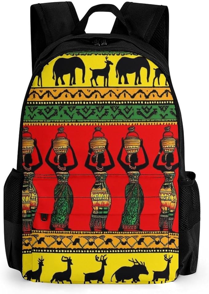 Daypack Backpack Anti-Theft Multipurpose Large Capacity Carry On Bag, Ethnic Tribal African Black Women Deer Elephants Art Traveling Camping Backpack With Side Pockets