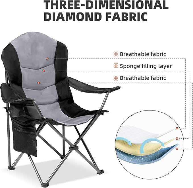 2 Pack Folding Camping Chairs for Adults - High Back Padded Outdoor Lawn Chairs with Lumbar Support & Cup Holder, 400lbs Heavy Duty Portable Camping Chairs Set (Black & Light Gray)