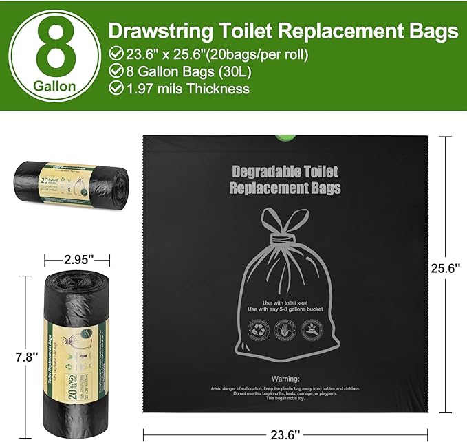 BLIKA Camping Toilet Bags Eco Absorbent Gel Set, Drawstring Portable Toilet Bags with Gel, 8 Gallon (30L) Heavy Duty 1.97 Mil, Toilet Replacement Bag with Toilet Powder for Camping Outdoor Hiking