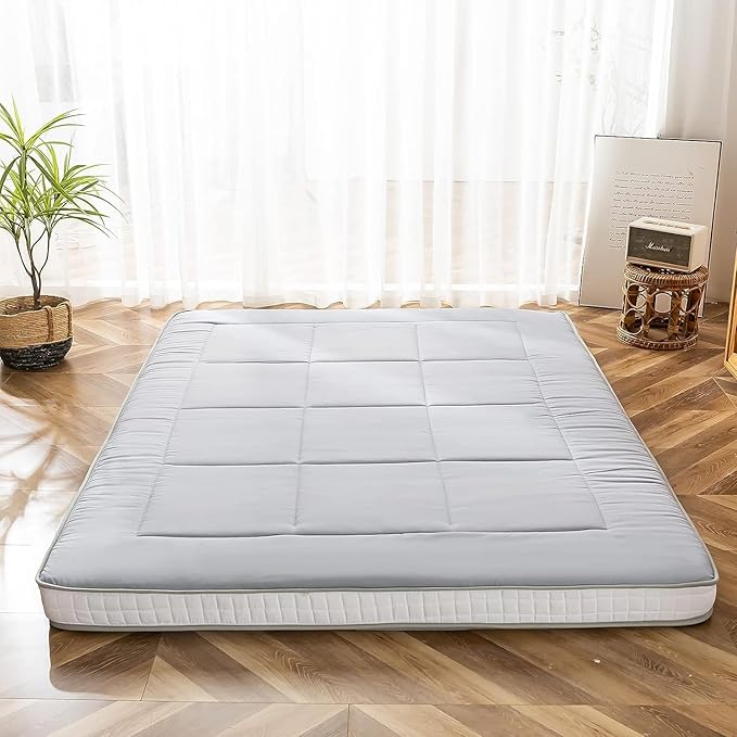 MAXYOYO Futon Mattress, Japanese Floor Mattress Queen Size, Quilted Bed Mattress Topper, Extra Thick Folding Sleeping Pad Breathable Floor Lounger Guest Bed for Camping Couch, Grey