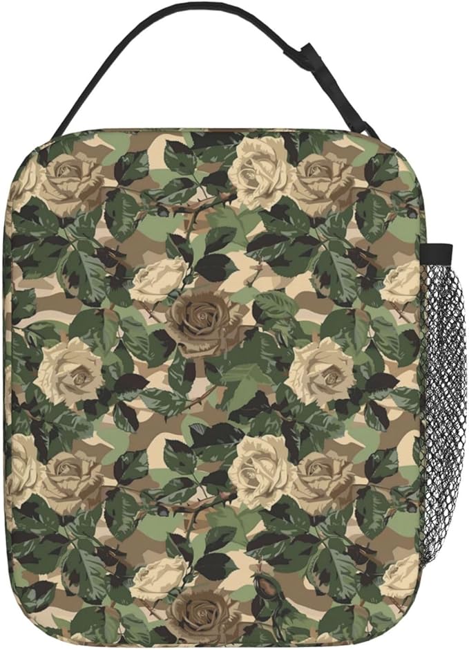 Reusable Camo Lunch Box for Kids Girls Boys Women Adult, Insulated Rose Floral Lunch Bag,Polyester Cooler Flower Handbags Case for School Picnic Work Travel Beach or Hiking (Nature-Inspired)