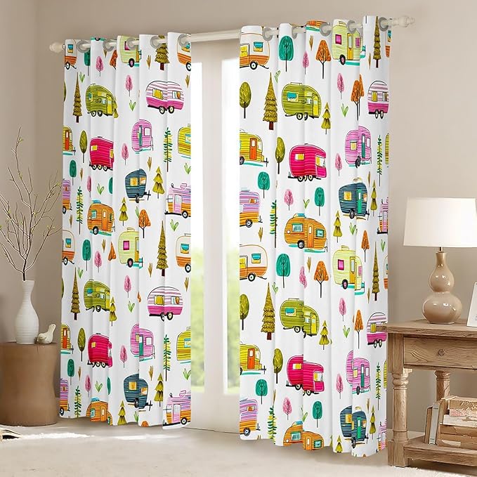 Feelyou Vintage Camper Curtains for Bedroom Living Room RV Travel Trailer Blackout Shades Camping Theme Room Darkening Curtain Window Treatments, 2 Panels 42 x 84 Inch Decor