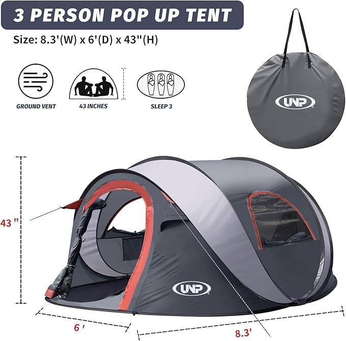 Pop-up Tent, 3 Person Camping Tent, Instant Portable Beach Tent, Easy Pop Up Shade Tents 2 Doors for Camping Hiking & Traveling with Carrying Bag