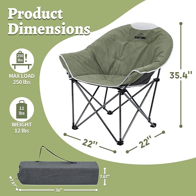OUTDOOR LIVING SUNTIME Sofa Chair, Oversize Padded Moon Leisure Portable Stable Comfortable Folding Chair for Camping, Hiking, Carry Bag