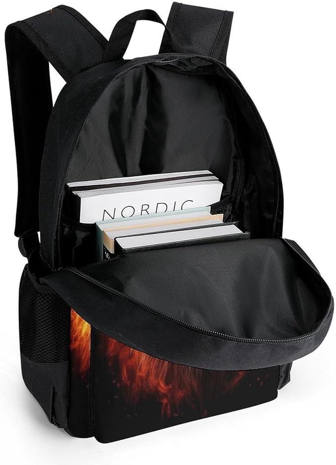 Men Women Polyester Cool Flaming Lion Fire Art Backpack Large Capacity Bookbag With Smooth Zippers for Climbing Picnic Bicycle