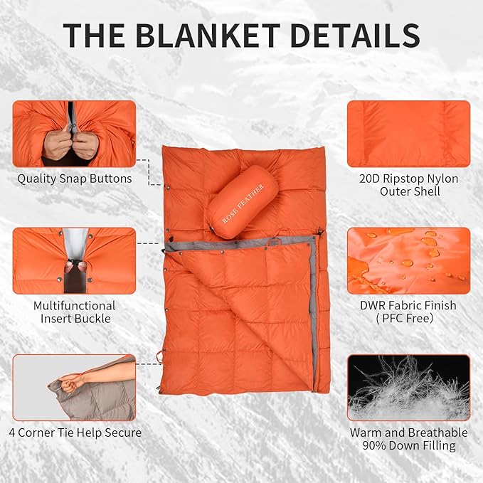 Down Camping Blanket, Muti-Use Outdoor Travel Blanket, Puffy Sleeping Bag Blanket, Waterproof Packable Backpacking Quilt for Camping, Travel, Airplane, Hiking, Picnic, 55''x79''