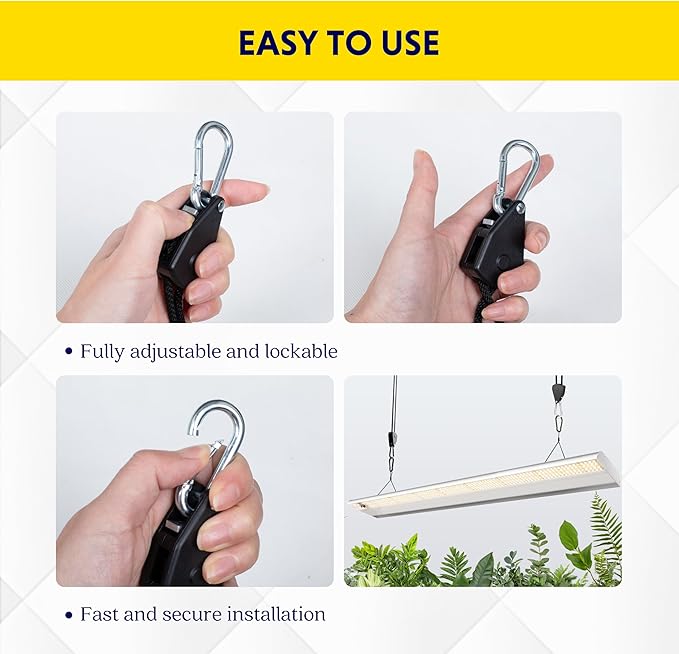 iPower 8-Pair 1/8 Inch Adjustable Rope Hanger, Heavy Duty Grow Light Hangers with Reinforced Metal Gears, 8Ft Long & 150lbs Weight Capacity for Growing Lamp, Inline Fan, Filters