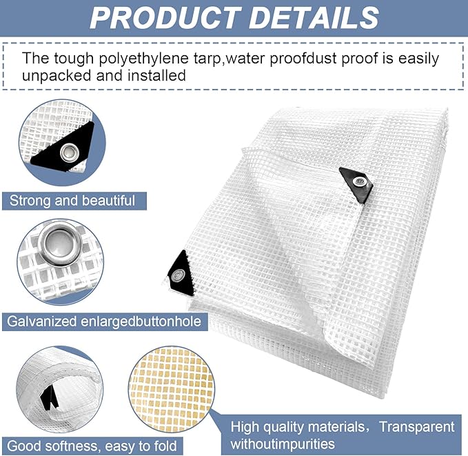 STARPYNG-10 Mil Clear/White 16X20 Feet Tarp-Heavy Duty Clear Mesh Tarp-Waterproof Tarp, UV Resistance,Greenhouse, Canopy, Tent, Yard and Outdoor Activities