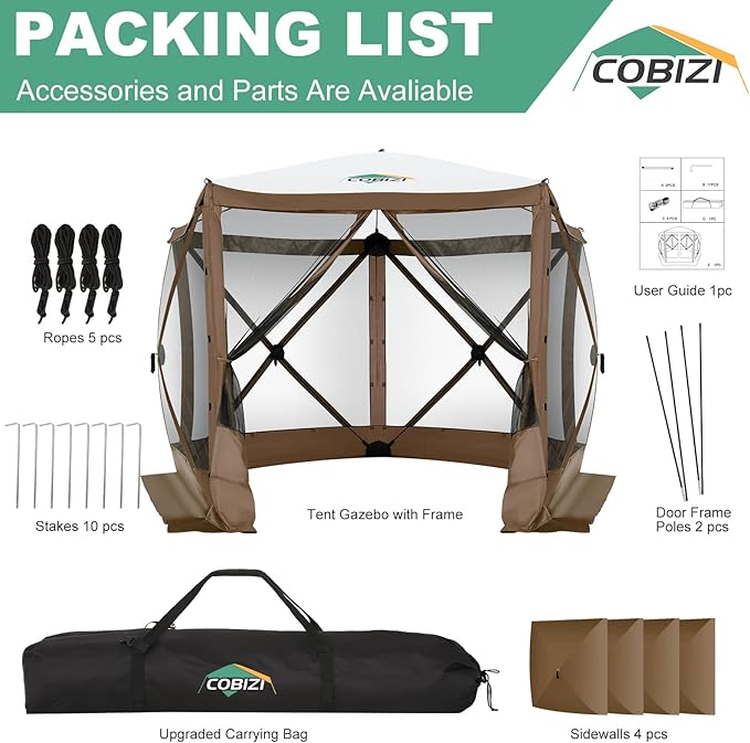 COBIZI 10x10 FT Pop up Gazebo, Popup Canopy Tent,Screened in Gazebos with sidewalls,Waterproof Portable Outdoor Small Screen Tents Sun Shelter,carpas para Patio for Camping,Garden,Backyard,Brown