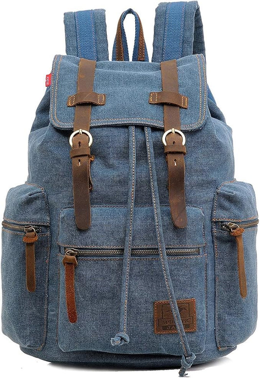 HuaChen Vintage Canvas Travel Backpack with Leather Trim, Laptop Padded Sleeve, Hidden Back Security Pocket, Fits 14-Inch, M32 Blue