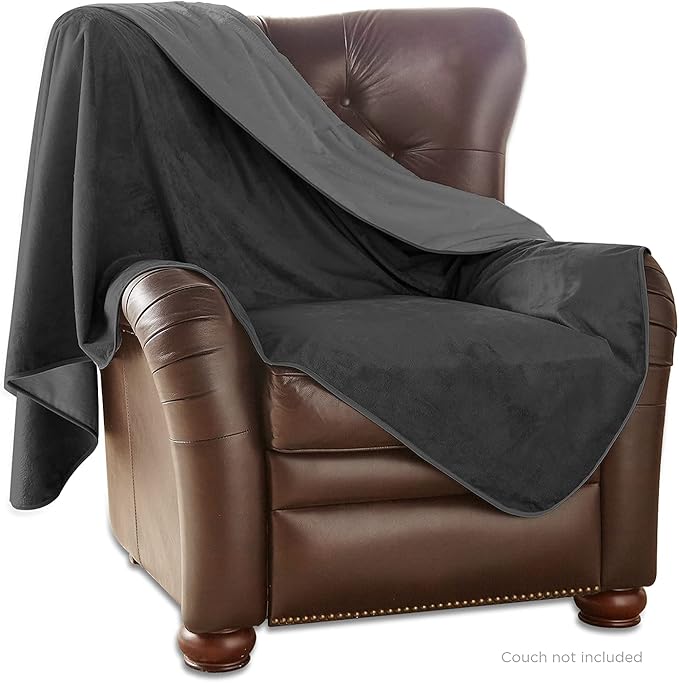 Mambe Silky Waterproof Throw for Protecting Furniture Bed Couch from Stains Caused by Dogs, Cats, Incontinence. Soft, Washable, Reversible. (Size Long/Sofa 70x120 inches, Color Black/Charcoal)