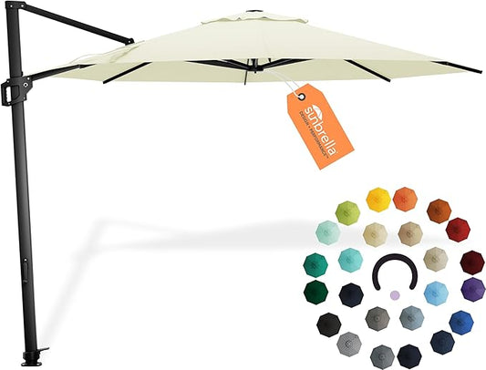 Midtown Umbrellas The Grande Round 10 FT Outdoor Cantilever Patio Umbrella w/Sunbrella Canvas Natural Acrylic Fabric - 8 Rib Aluminum Frame Offset w/Tilt And 360° Rotate Pedal System - Black Frame