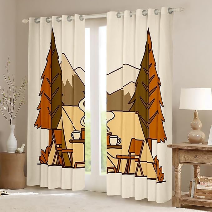 Erosebridal Rv Camper Window Curtains 52" Wx63 L Camping Themed Blackout Curtains for Bedroom Living Room,Vintage Country Farmhouse Window Treatments Campfire Mountain Tree Drapes Decor 2 Panels