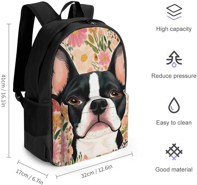 Supdreamc Men Women Lightweight Boston Terrier Floral Backpack Large Capacity Carry On Bag With Padded Straps for Sports Work Walking Cycling