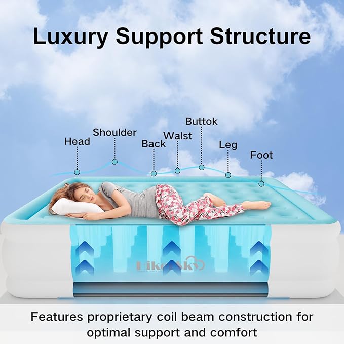 Queen Air Mattress with Built-in Pump, Single Air Bed with Portable Storage Bag, Suitable for Home and Guests, Top Flocking, 18" Queen Sky Blue