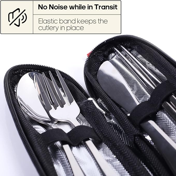 Travel Utensils with Case, Quatish Portable Silverware Set for Work, Stainless Steel Reusable Travel Cutlery Set, Fork and Spoon Set for Camping, EDC Gadgets, Lunch Box for Men, Silver