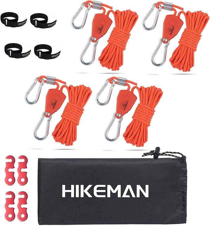 Hikeman Camping Rope with Ratchet Pulley,Quick Setup Outdoor Guy Lines Adjustable Tent Tie Downs Rope Hanger for Canopy,Kayak and Canoe,Grow Light (4PCS,Orange)